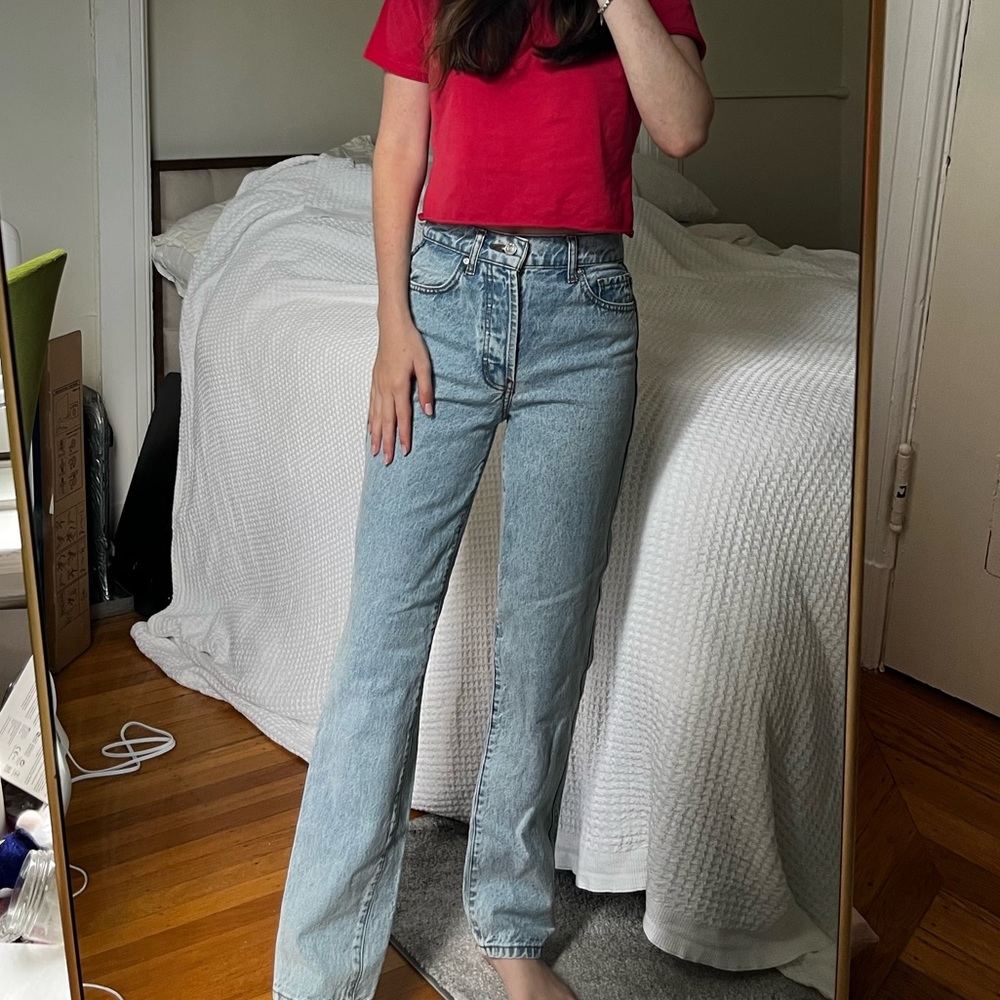 Revice high rise straight leg blue jeans ex boyfriend style size 25